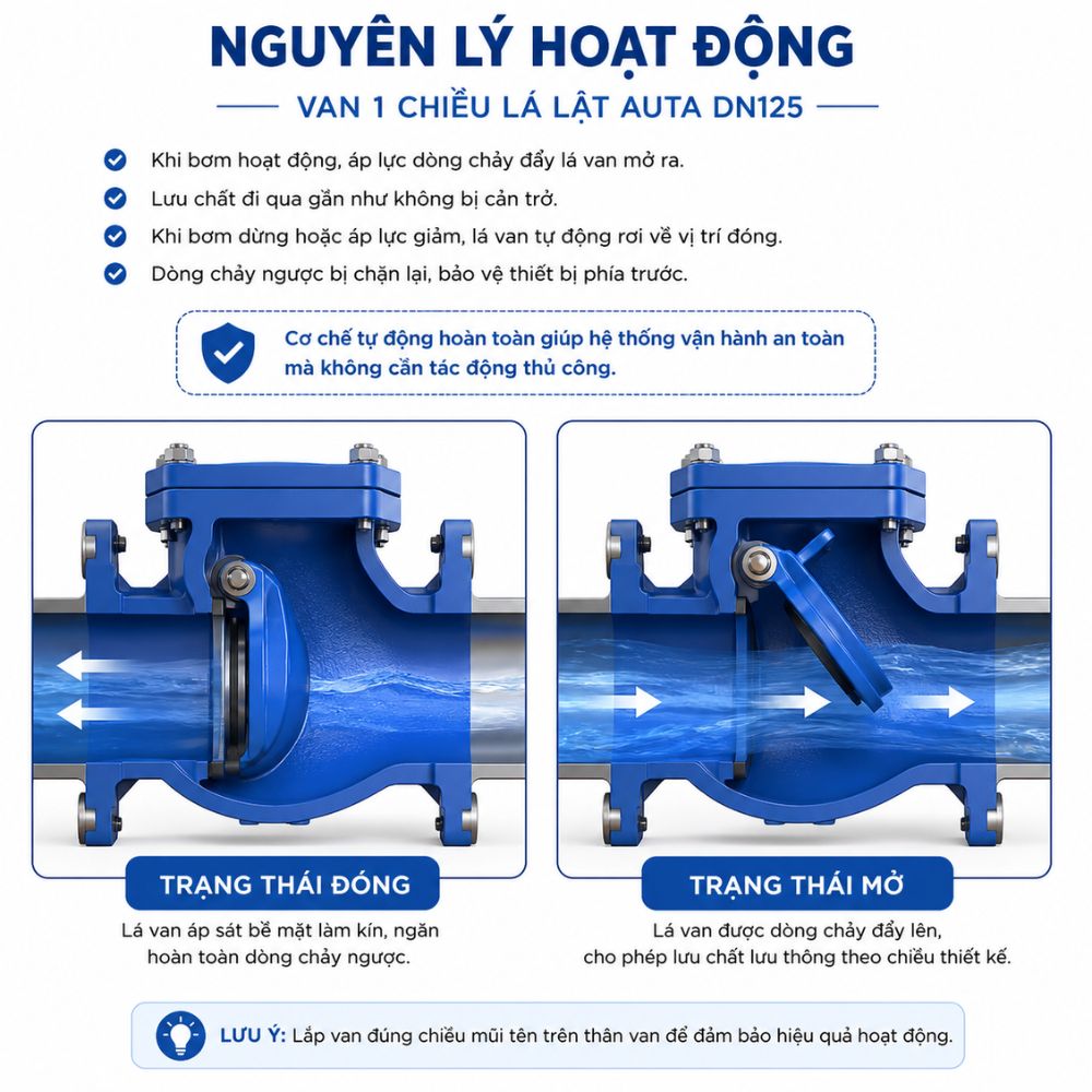 Nguyên lý hoạt động van 1 chiều lá lật AUTA DN125